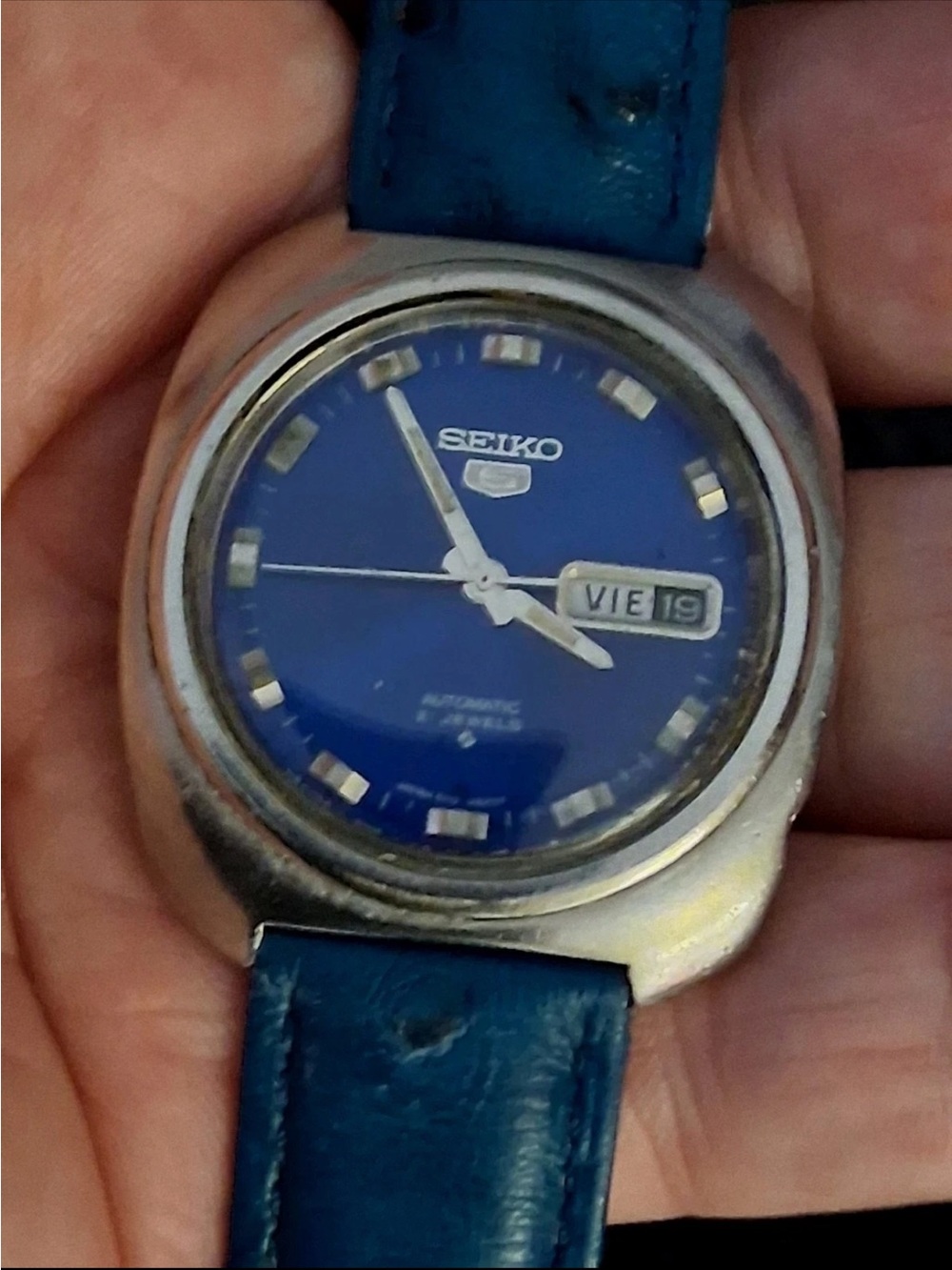 Vintage 70s Automatic Seiko Blue Dial Watch with Blue Ostrich Strap Day/Date